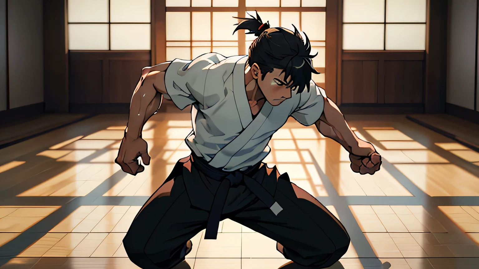 Cinematic Still of a Young Asian Martial Artist in a Dojo Hall, practicing Karate, a traditional Japanese martial art. He wears a pristine white kimono, accentuating his toned physique, and a black belt symbolizing his expertise. Sweat drips from his brow as he focuses intently, arms folded, ready for the next move. Students in the background observe, their eyes fixed on the master, their expressions filled with determination and awe. The dojo hall is dimly lit, wooden floor creaks underfoot, and sunlight streams in through the shoji screens, casting long shadows. High resolution, 4k, 8K. (Masterpiece:1