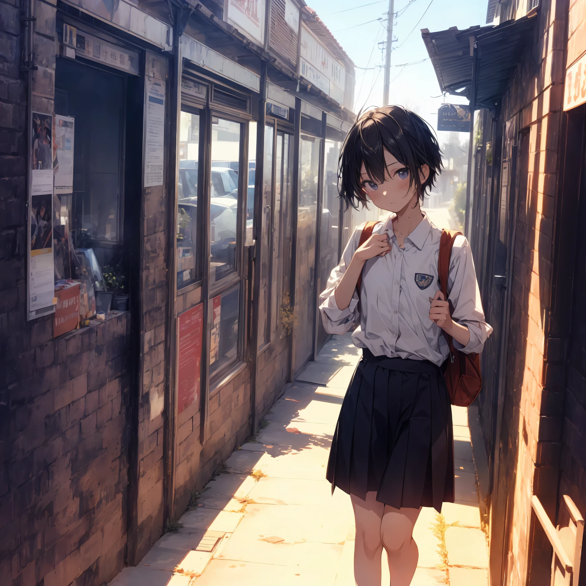 super highest quality, super detailed, High resolution, anime moe art style, best anime 8K konachan wallpaper, pixiv contest winner, perfect anatomy, break,(眠そうにalone学校へ行く女の子を描いてください. ),break, surreal high school girl, (alone,change, child,13 years old:1.3),All limbs, full finger,Middle school students, androgynous charm, ((very short hair)), messy hair, flat chest, small ass, between legs, Small black eyes,beautiful and fine eyes, Well-proportioned iris and pupils, disgusted eyes, High resolutionの詳細な髪, school uniform, (skirt), On the way to school. break,super dense skin, Best lighting by famous artists, 8K, figure,