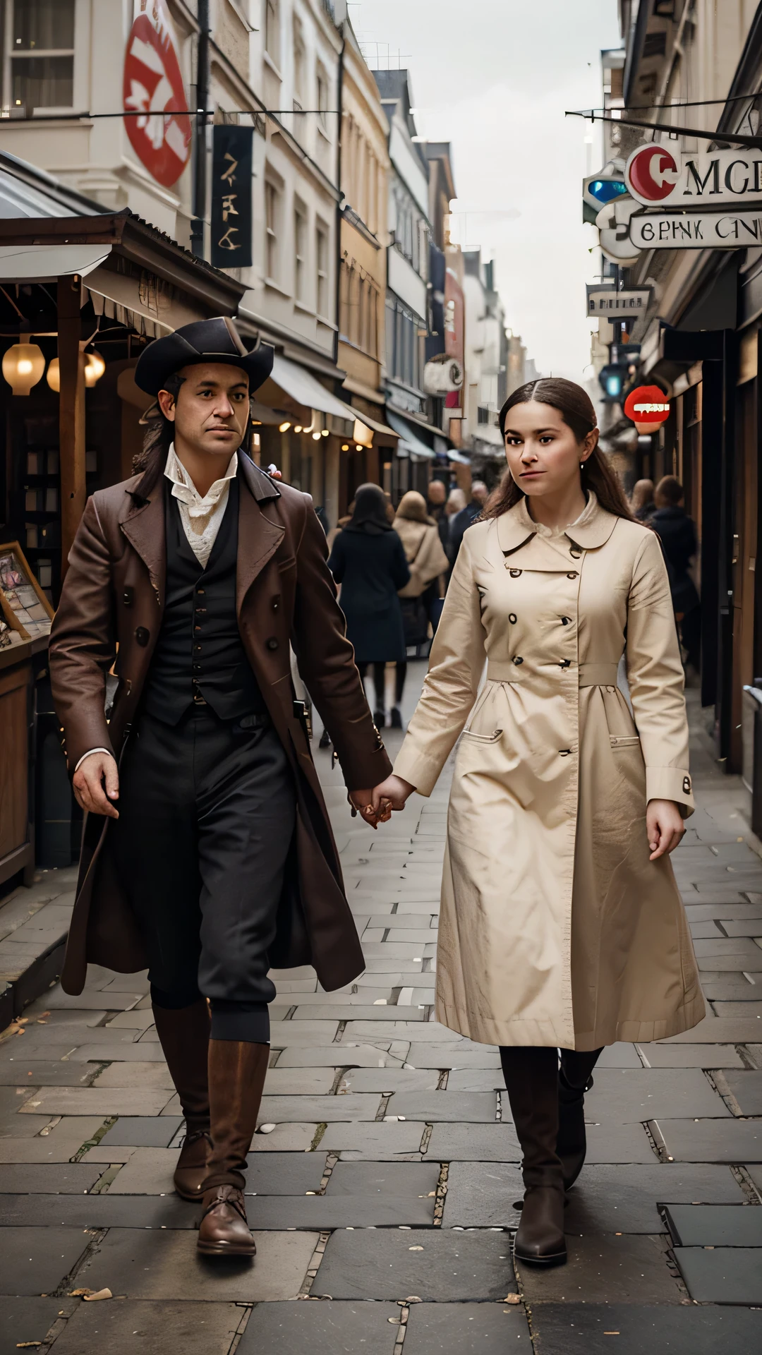 Generate a historically accurate and vibrant image of a typical London street in the year 1770. Envision the scene with meticulous attention to detail, capturing the architecture, street life, and fashion of the late 18th century. Populate the street with a diverse group of people engaged in daily activities, wearing period-appropriate attire. Include elements such as horse-drawn carriages, market stalls, and signage that reflect the commerce and lifestyle of the time. Pay attention to the lighting, utilizing warm and natural tones to evoke the atmosphere of an 18th-century day. Craft an image that transports viewers to the bustling and charming streets of London in 1770, showcasing the cultural and historical richness of the era.