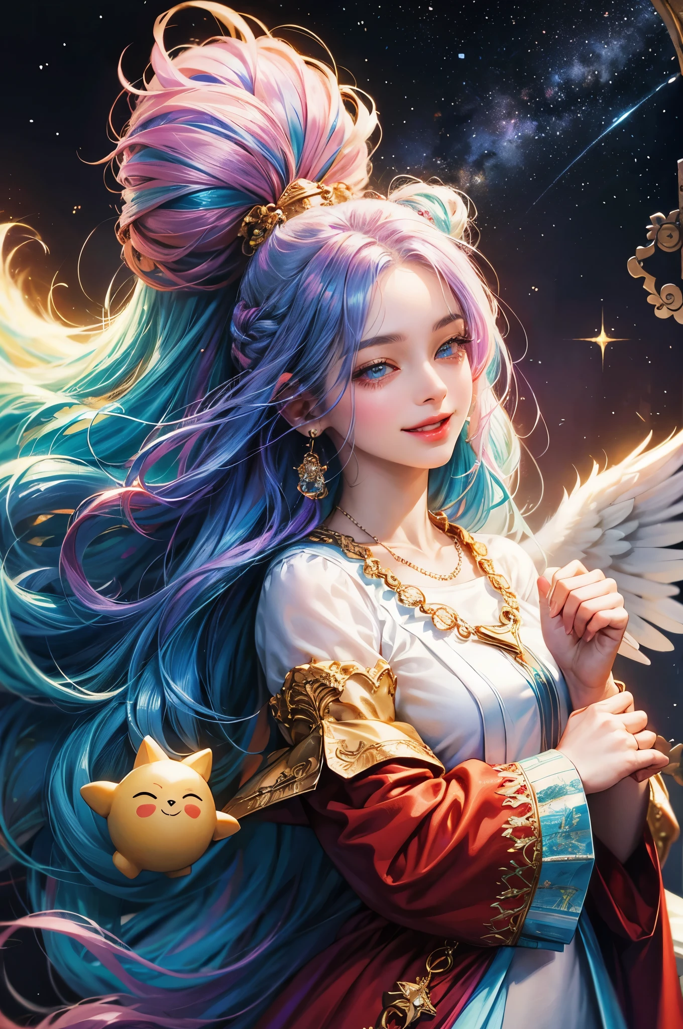 Close-up of a woman with colorful hair and necklace, anime girl with space hair, Rossdraws soft vibrancy, Art in the Gviz style, fantasy art style, colorful], vibrant fantasy style, A vibrant Ross cartoon, cosmic and colorful, Gweiz, colorful digital fantasy art, impressive art style, Nice anime style, shiny hair、Angel、wing、smile、front、lots of hearts in the background、frontを向く、The clothes are soft、wingがはえている、Angel、Angel、make a heart with your hands、Glitter Accessories、white clothes、Heart background