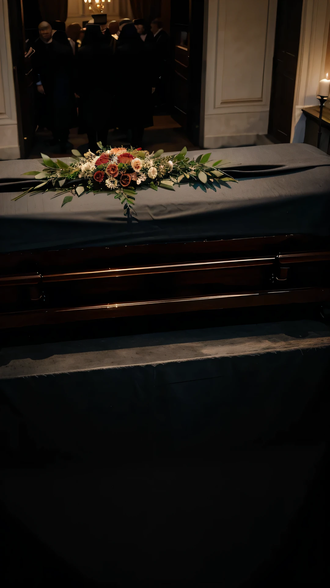 Generate a solemn and historically accurate image of a funeral scene in the year 1763, featuring a draped coffin surrounded by mourners. Envision the setting with attention to period-specific details such as clothing, architectural features, and funeral accessories. Capture the somber atmosphere, incorporating elements like mourning attire, funeral carriages, and a prominent draped casket. Pay particular attention to the lighting, using subdued and muted tones to convey the gravity of the occasion. Include subtle details such as floral arrangements, funeral processions, and the surrounding environment to enhance the authenticity of the scene. Craft an image that respectfully represents the cultural and visual nuances of a funeral in the year 1763, capturing the mood and dignity of the event.