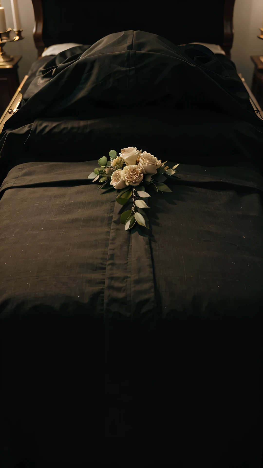 Generate a solemn and historically accurate image of a funeral scene in the year 1763, featuring a draped coffin surrounded by mourners. Envision the setting with attention to period-specific details such as clothing, architectural features, and funeral accessories. Capture the somber atmosphere, incorporating elements like mourning attire, funeral carriages, and a prominent draped casket. Pay particular attention to the lighting, using subdued and muted tones to convey the gravity of the occasion. Include subtle details such as floral arrangements, funeral processions, and the surrounding environment to enhance the authenticity of the scene. Craft an image that respectfully represents the cultural and visual nuances of a funeral in the year 1763, capturing the mood and dignity of the event.