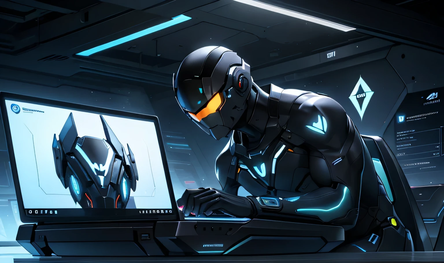 Cinematic Still of an Individual Engrossed in an Alienware Laptop, Surrounded by Advanced Technology and a Wide Image:
(Best Quality, 4k, High Resolution, Masterpiece: 1.2), An individual with focused eyes and a serious expression, wearing a black t-shirt and jeans, is positioned in a well-lit workspace. In front of him rests an Alienware laptop, its sleek, glowing surface emitting a soft glow. The machine's logo glows prominently on the cover. The laptop's screen displays a diagram of an intricate, futuristic solar carport design. The image is in high resolution, accurately portrayed