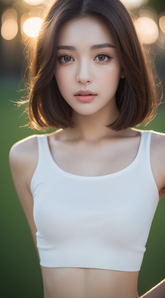 ((realistic lighting, highest quality, 8K, masterpiece: 1.3)), clear focus: 1.2, 1 girl, perfect beauty: 1.4, slim abs: 1.1, ((dark brown hair)), (white crop top: 1.4), (outdoor, night: 1.1), Park View, super fine face, fine eyes, double eyelid,