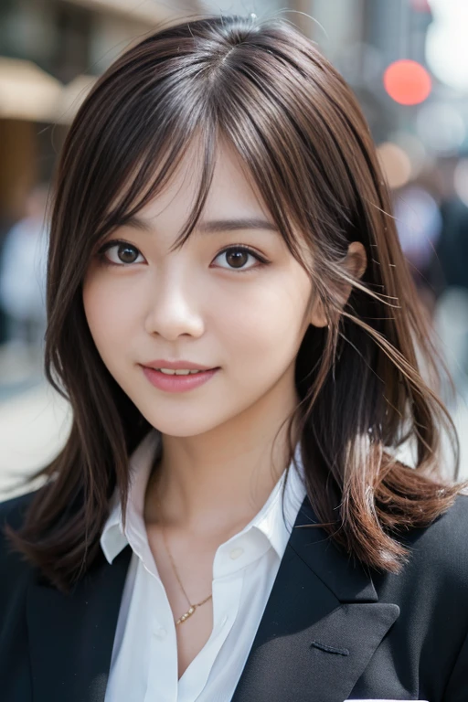 Tokyo Disney-, highest quality, realistic, Super detailed, finely, High resolution, (8K), 1 beautiful woman,, light brown messy hair, wearing a business suit, sharp focus, perfect dynamic composition, beautiful and detailed eyes, thin hair, Detailed realistic skin texture, smile, close-up portrait, model body shape