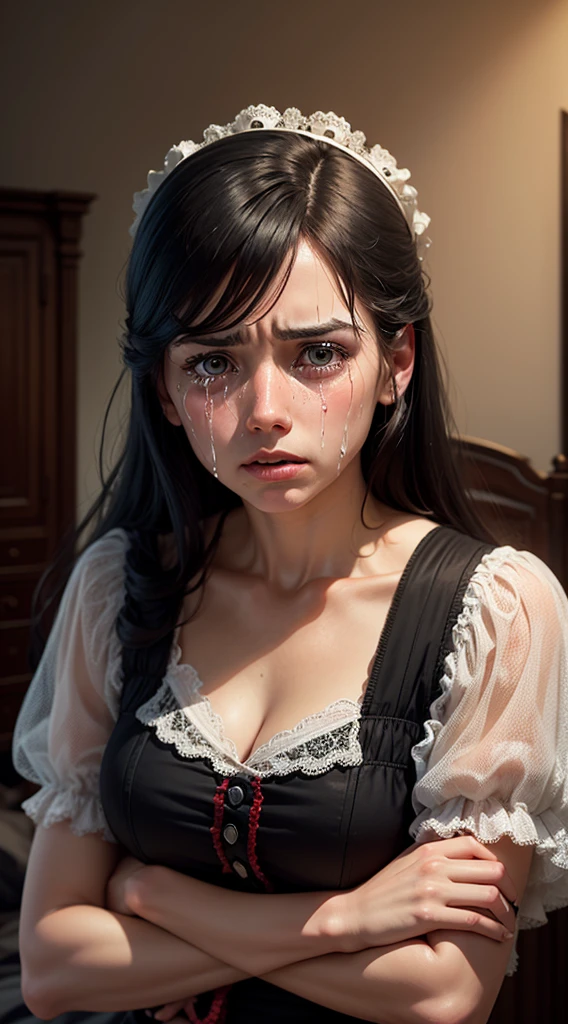 Female1, 25 years old, crying sound, Black hair, A face with tears in its eyes, crying sound out for help, (victorian era, United Kingdom), ((background: bedroom))