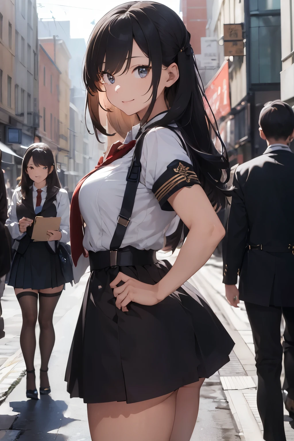 ((best quality)), ((masterpiece)), (detailed), perfect face,Wear military uniforms,good body shape,Beauty,Anterior convex and posterior,long hair,Smile,high heels,Three people,Wear professional attire,adult,Can be used as a screensaver,HD,depth of field。short skirt,Genshin