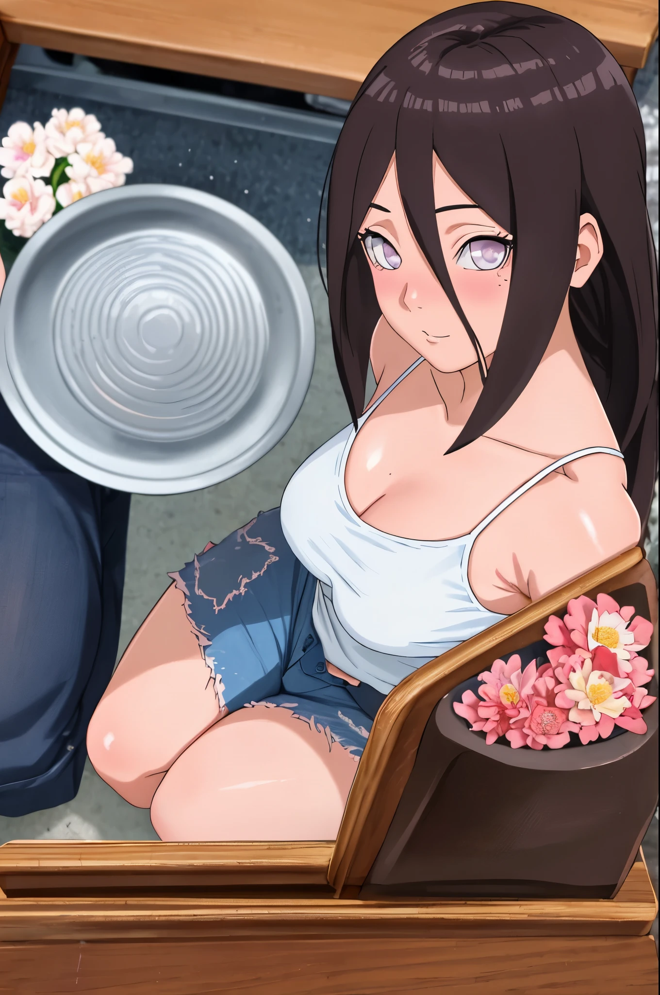 masterpiece, highest quality, 8K, ultra high resolution, highest quality, anime style, best writing, beautiful face, bikin, Hoang Lap (intricate details), (rich and colorful), Highly detailed CG Unity 8K wallpaper, Hinata flower ratio, 1 girl, alone, looking at the viewer, close your mouth, Wind, long, low hair, in the kitchen, blush your nose, face is red, (white camisole:1.2), (blue short denim pants:1.2), (extreme close up), (Cooking:1.3), 肉じゃがをbikin, Enlarge breasts