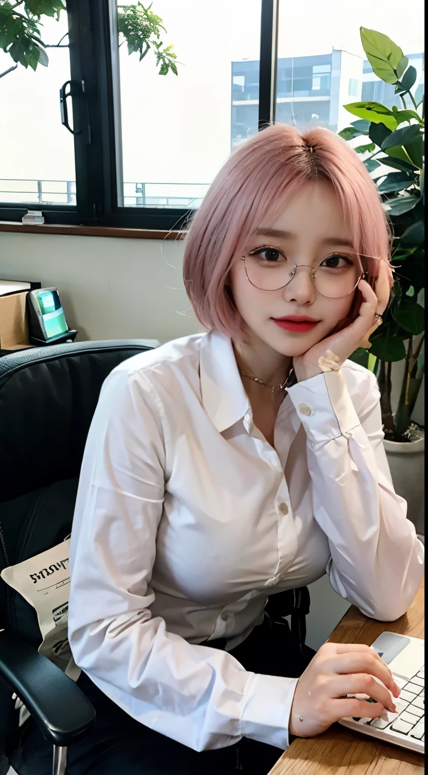 realistic、highest quality、1 girl、pink hair,short hair,saliva、,professional lighting、on lap、Being in the company、OL、suit、Foliage plant、desk、computer、document、accessories、Long-sleeved shirt with wet collar、Thin silver-rimmed glasses