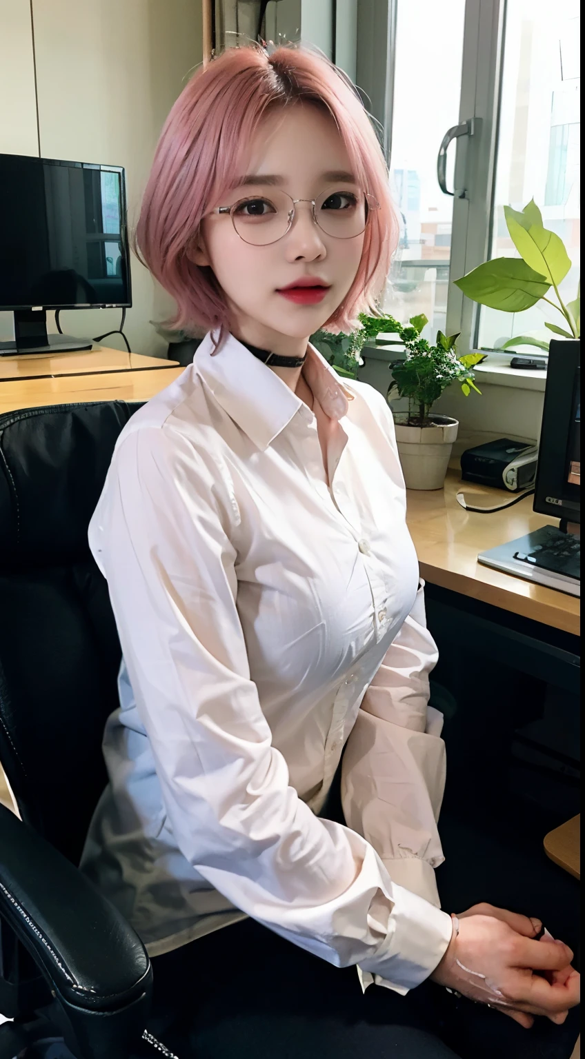 (8K, top-quality, masterpiece:1,2), (reallistic, Photorealsitic:1.37), Super Detail, One girl,), (Highly detailed), (beautifully detailed eyes), (of the highest quality), (super detailed ), (masterpiece), (Detailed face),20yr old, ,1 girl, full body, pink hair,Very short hair, medium breasts, clothed, Perfect Lighting, pussy and breast focus, looking at viewer, aroused face, naughty face, Table, ((office lady, blouse, black tight miniskirt, glasses, black tights))