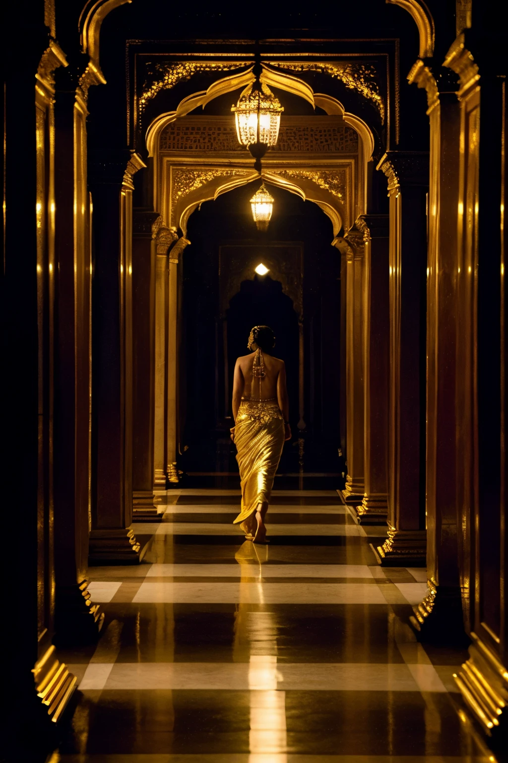 ((best quality)), ((masterpiece)), (detailed), perfect face
royal indian gold palace corridor at night illuminated by moonlight coming in from the sides, sexy queen kangana ranaut walking naked through the dark corridors barefoot wearing gold jewellery around her neck wrists waist ankles and head. dark atmospheric scene,