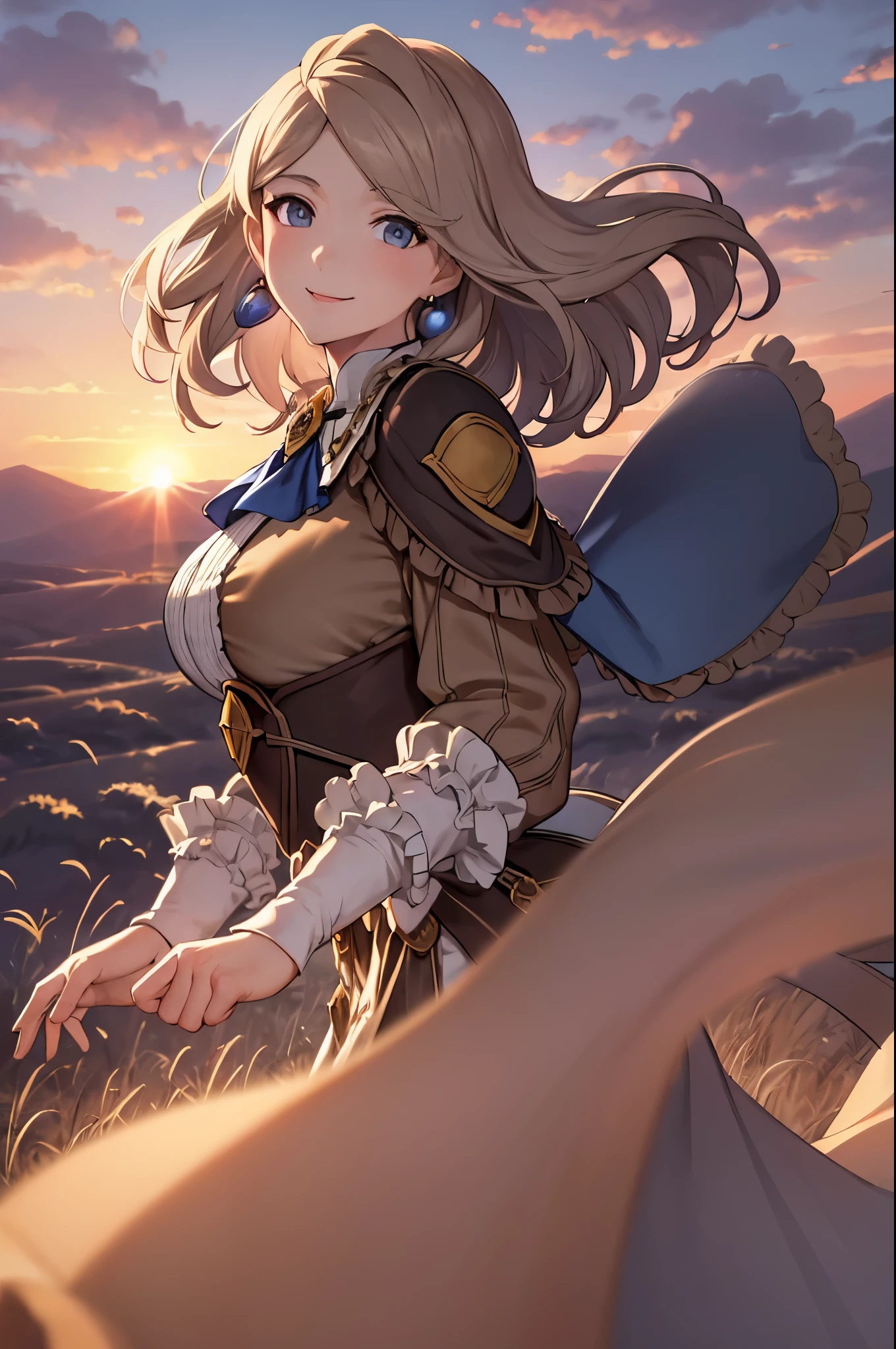masterpiece, best quality, hopesMercedes, medium hair, blue ascot, long brown dress, large breasts, from side, smile, looking at viewer, clouds, sunset, field