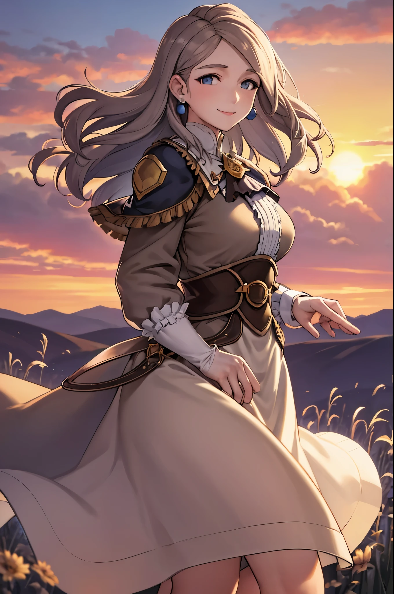 masterpiece, best quality, hopesMercedes, medium hair, blue ascot, long brown dress, large breasts, from side, smile, looking at viewer, clouds, sunset, field 
