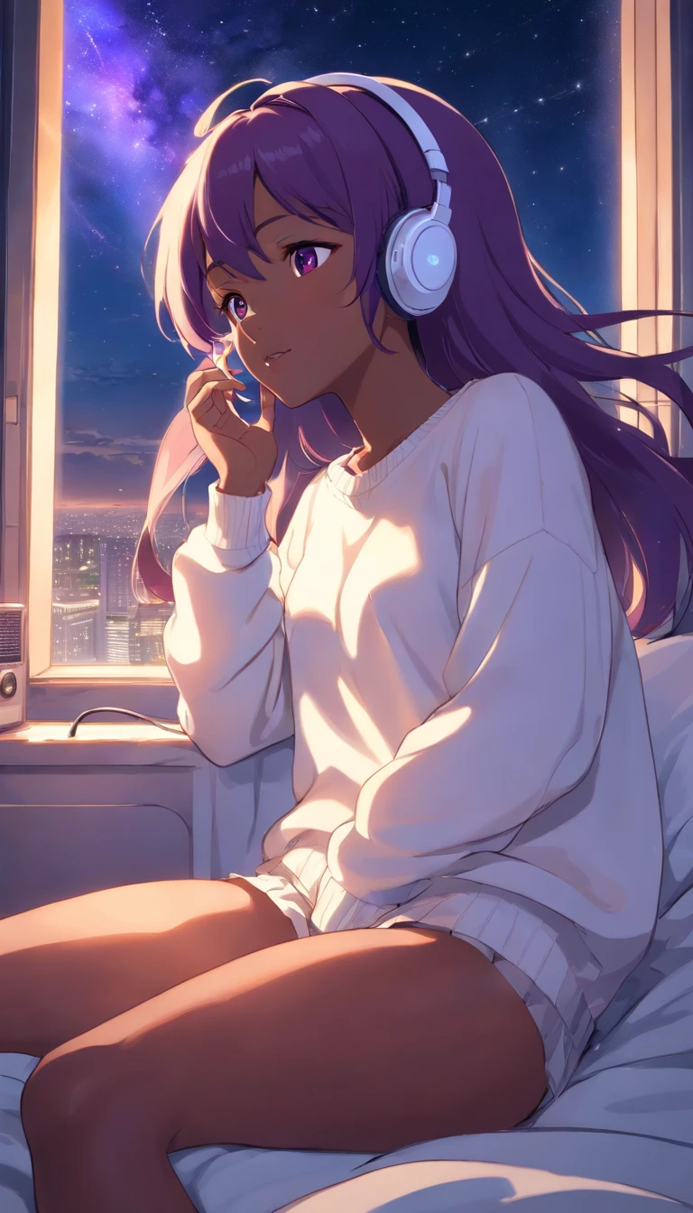 a girl hearing music with headphone in bed window side night many star in sky, dark skin, white sweater, white thighhighs, white panties, long purple hair, medium breasts