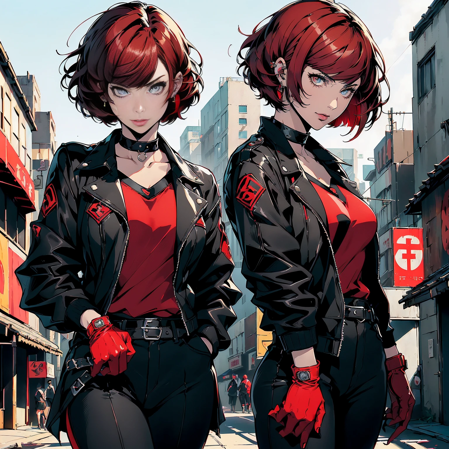 in the art style of persona5 and in the art style of street of rage 4, delinquent, (sukeban), mature_female, blush, mature, older woman, 25 years old, Sukeban teacher outfit, ((((1girl, solo female, solo, solo focus)))++++, choker, sukeban teacher, sukeban fighter, long_sleeves, open jacket, blue jacket,( jean)+++, light skin tone female, (full body)+++++, jacket, biker jacket, tape, arm_support, gloves, red_gloves, bridal gauntlets, nail polish, boots, black_footwear, fighter outfit, (full body)+++++++, hourglass, mature face, cheeky smile, cheeky face, wrinkles, (((((red hair, short hair, bob cut, earrings, ear piercings)))), red eyeighting art, Martial arts, standing, fighting_stance, fight, fighting), extra colors, 2D, megapixel, perfectionism, accent lighting, full HD , (Masterpiece:1.2), (full-body-shot:1),(cowboy shot:1.2), (Highly detailed:1.2),(anime Detailed Face:1.2), Colorful, A detailed eye, (Detailed landscape:1.2), (natural lighting:1.2), ((sukeban school teacher)) by Vincent Di Fate: Aidyllery, Anamorphic Shot, rule of thirds, face by Artgerm and WLOP, ((street of rage 4 city backround)), fictive city backround in the style art of street of rage 4,