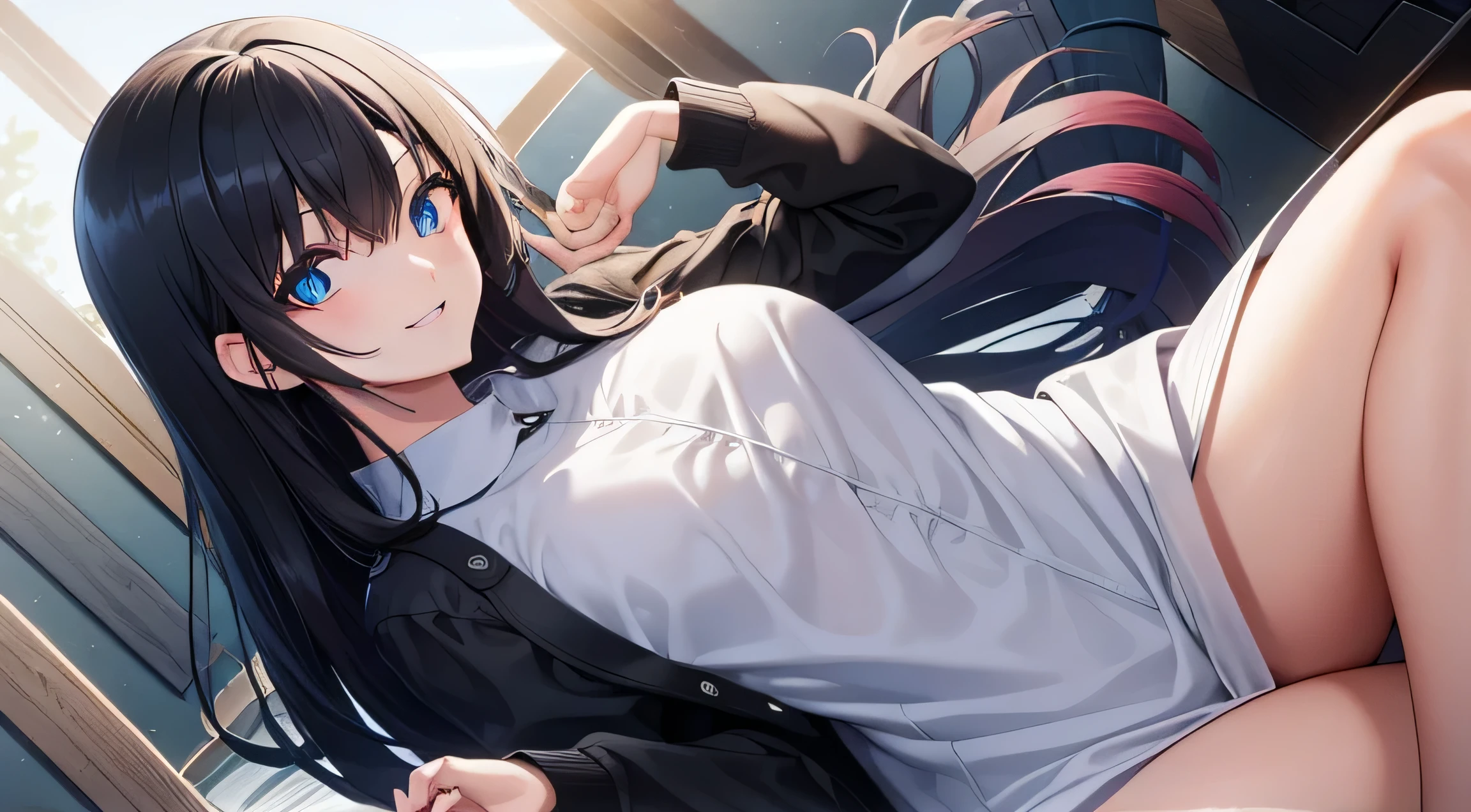 hashimoto_rika, long hair, black hair, blue eyes, casual clothes, smiles, BREAK looking at viewer, BREAK (masterpiece:1.2), best quality, high resolution, unity 8k wallpaper, (illustration:0.8), (beautiful detailed eyes:1.6), extremely detailed face, perfect lighting, extremely detailed CG, (perfect hands, perfect )