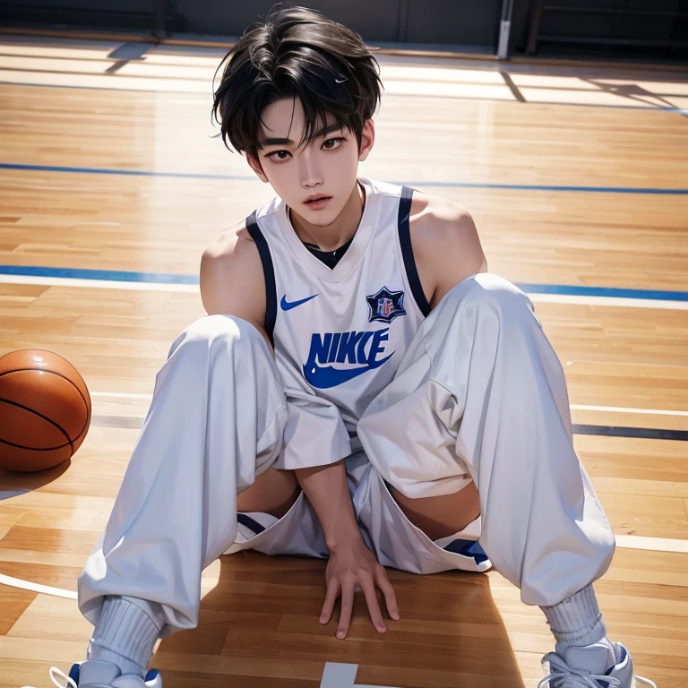 1 Korean young men,male,20 years old,High,Height is 180 cm,Hair is medium length,Basketball jersey,white pants,Nike shoes,White sport socks,Sit on the basketball court,legs open,Badass anime 4k ,POV perspective,Proud,Cold,looking into camera