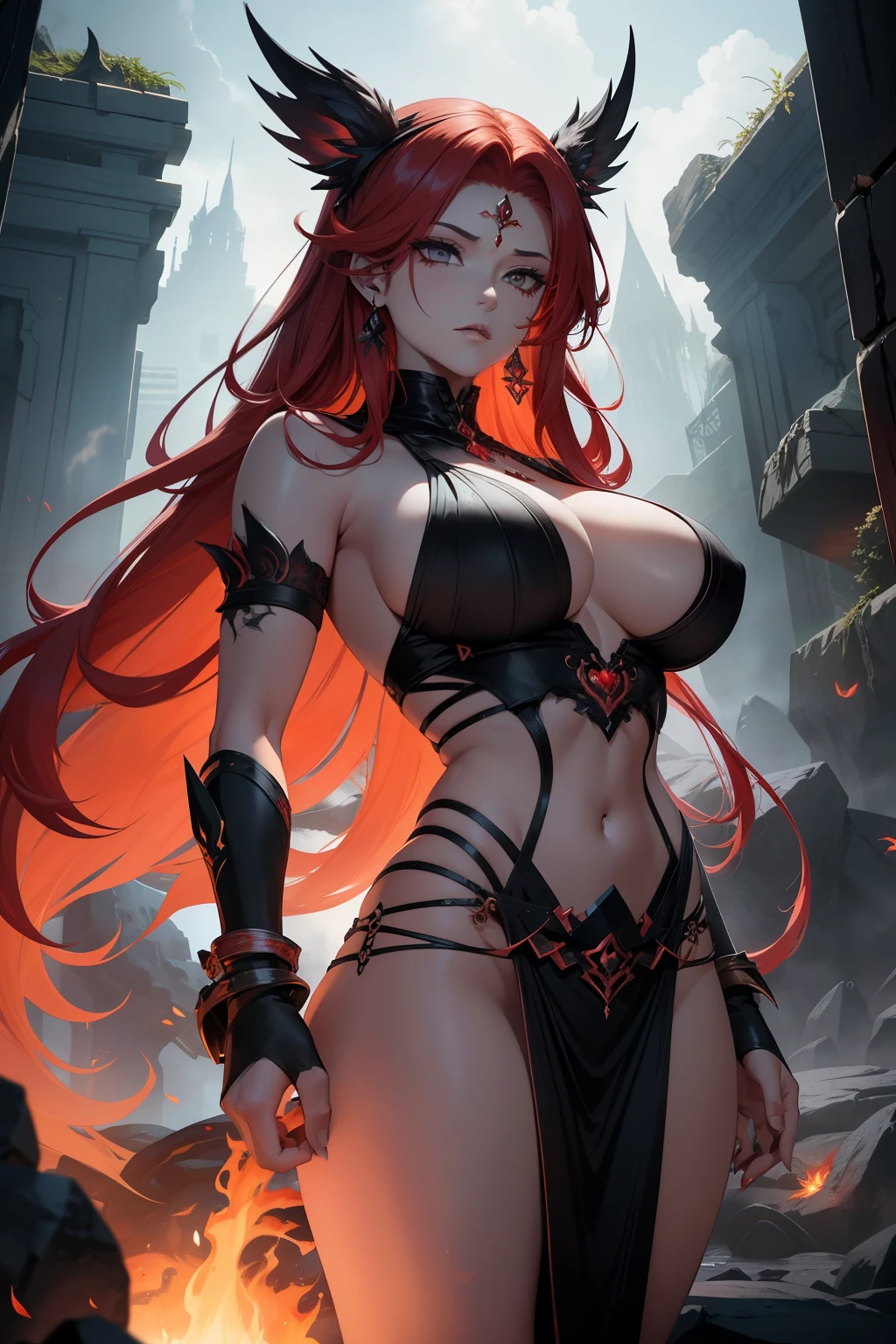 In the heart of the ethereal realm, the fiery goddess, with her flaming red hair and piercing amber eyes, stands proudly. Her sculpted physique, adorned with intricate tattoos depicting flames, exudes power and intensity. By her side, two towering ash beasts, their bodies engulfed in swirling clouds of gray ash, bow in submission. Their piercing coal-black eyes reflect the goddess's fiery spirit, and their sharp claws, though made of ash, seem ready to strike at a moment's notice. Together, the goddess and her ash beasts create a breathtaking scene, full of contrast and majesty - the