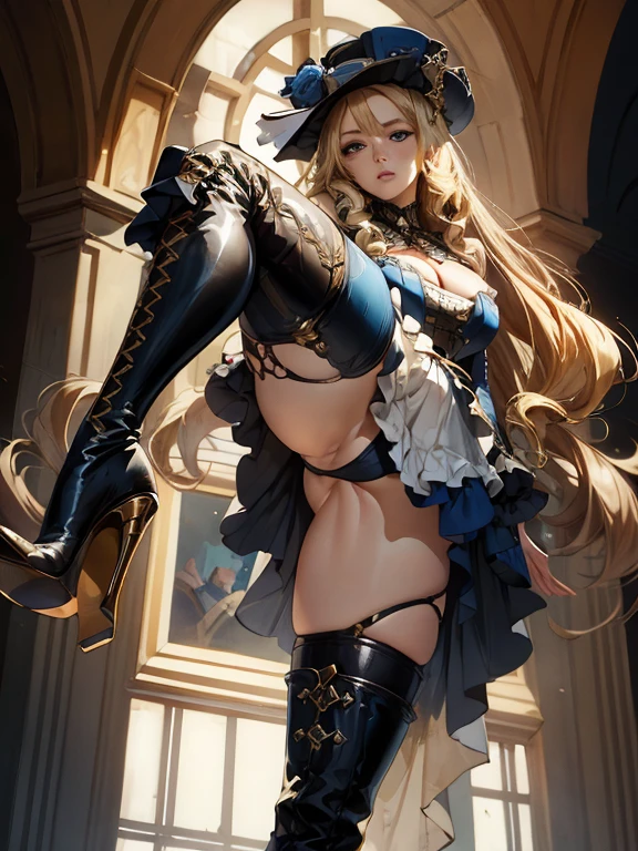 (high quality, best quality),
1girl, perfect face,
Navia, blond hair, long hair, frilled hair, blue eyes, neck ornament, hat, corset dress, cleavage,
thighhigh boots, high heels,
standing on one leg, looking down, from below, looking at viewer