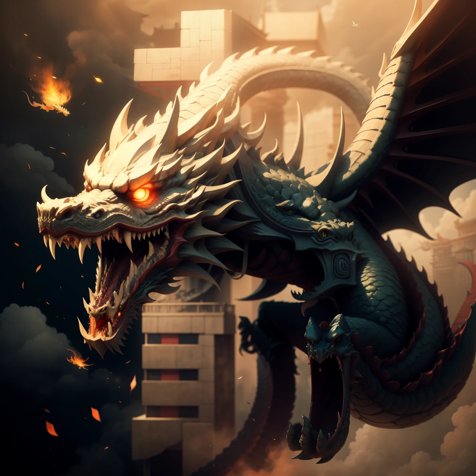 The flying dragon hovers over the Chinese-style building,Kaneko,totem,masterpiece,best quality,Super detailed。