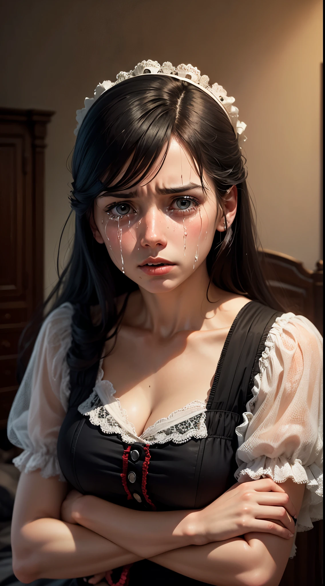 Female1, 25 years old, crying sound, Black hair, A face with tears in its eyes, crying sound out for help, (victorian era, United Kingdom), ((background: bedroom))