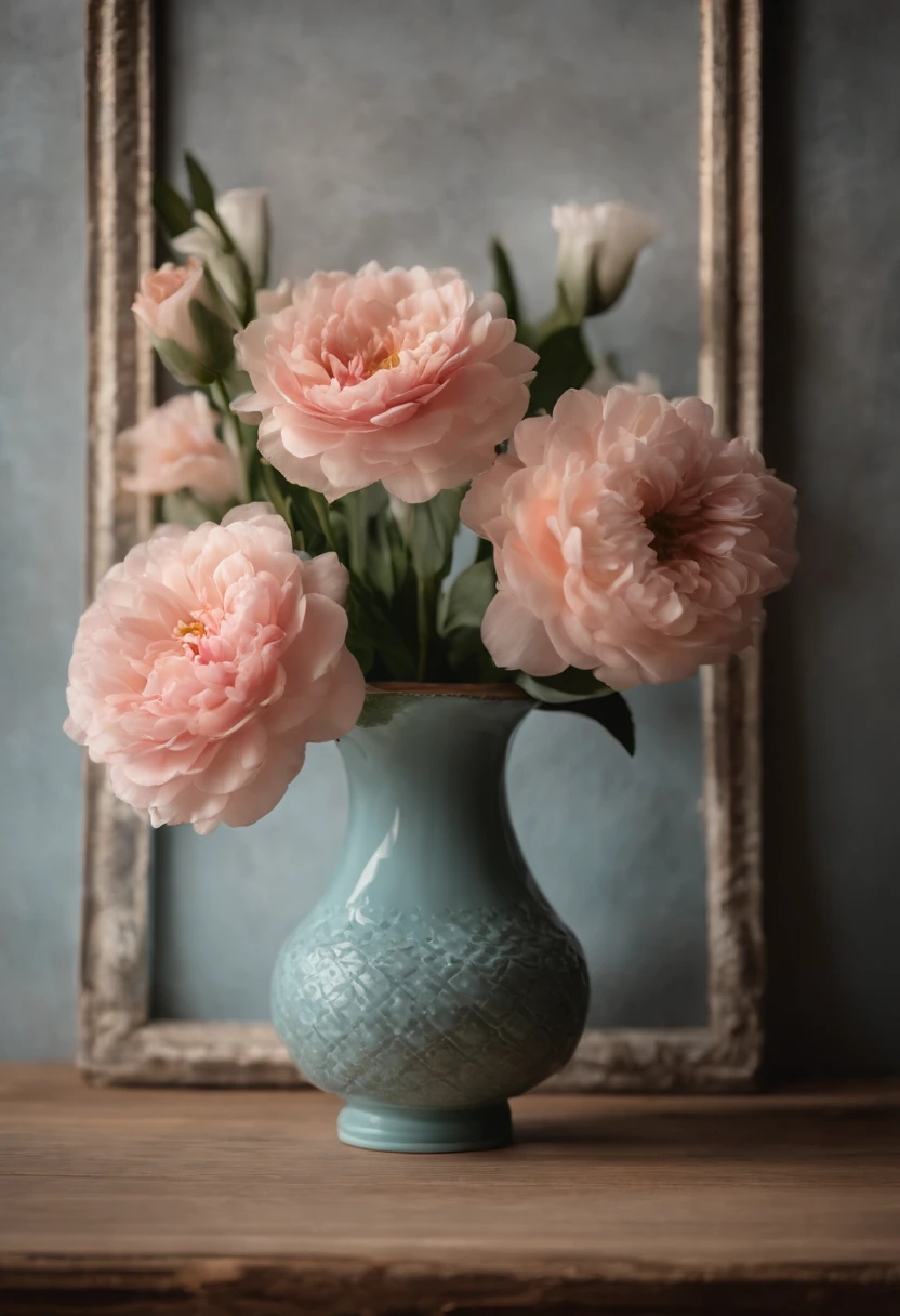 https://image.cdn2.seaart.ai/static/upload/20240113/1ee6babc-82d6-48dc-b74a-a5243151cba5_high.webp there are two vases of flowers and a picture frame on a shelf, picture frames, inside a frame on a tiled wall, beautiful frames, in a frame, flower frame, beautiful wooden frame, indoor picture, rustic, soft vignette, a picture, artistic interpretation, retro vintage and romanticism, framed in image, best on adobe stock, with soft pink colors