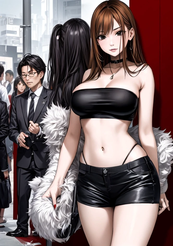 A beautiful adult woman with shoulder-length big breasts, beautiful legs, and a sharp face is standing facing a middle-aged man in a suit wearing a black tube top that exposes her navel and hot pants shaped like black panties.。