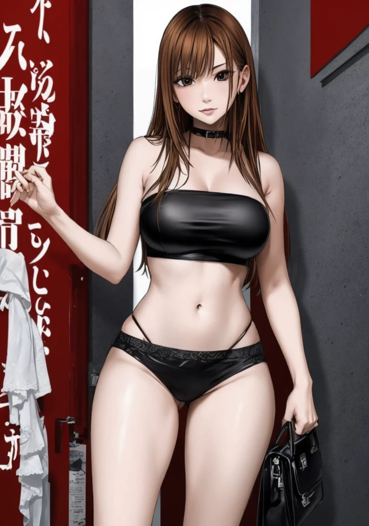 A beautiful adult woman with shoulder-length big breasts, beautiful legs, and a sharp face is standing facing a middle-aged man in a suit wearing a black tube top that exposes her navel and hot pants shaped like black panties.。