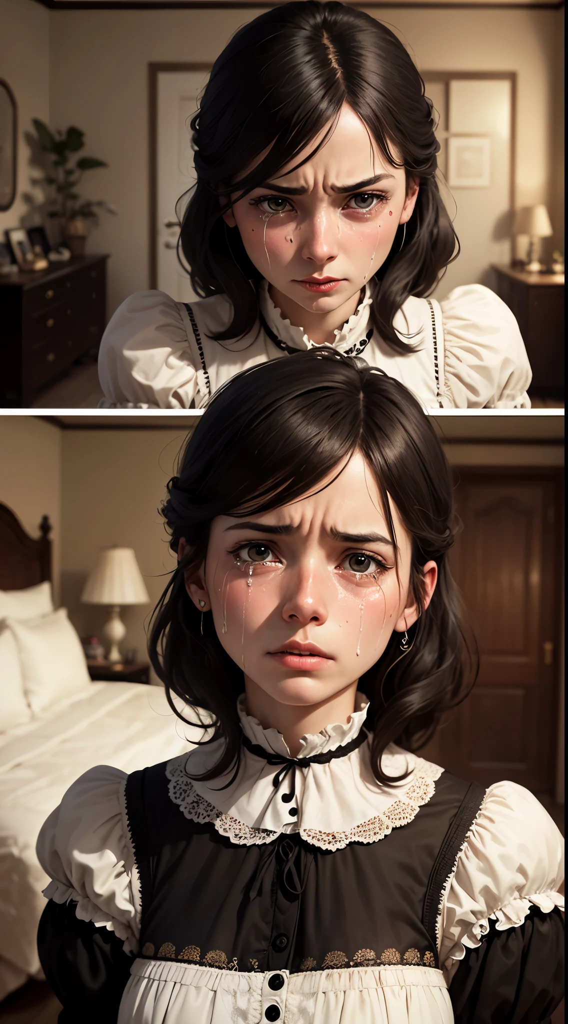 Female1, 25 years old, crying sound, Black hair, A face with tears in its eyes, crying sound out for help, (victorian era, United Kingdom), ((background: bedroom))
