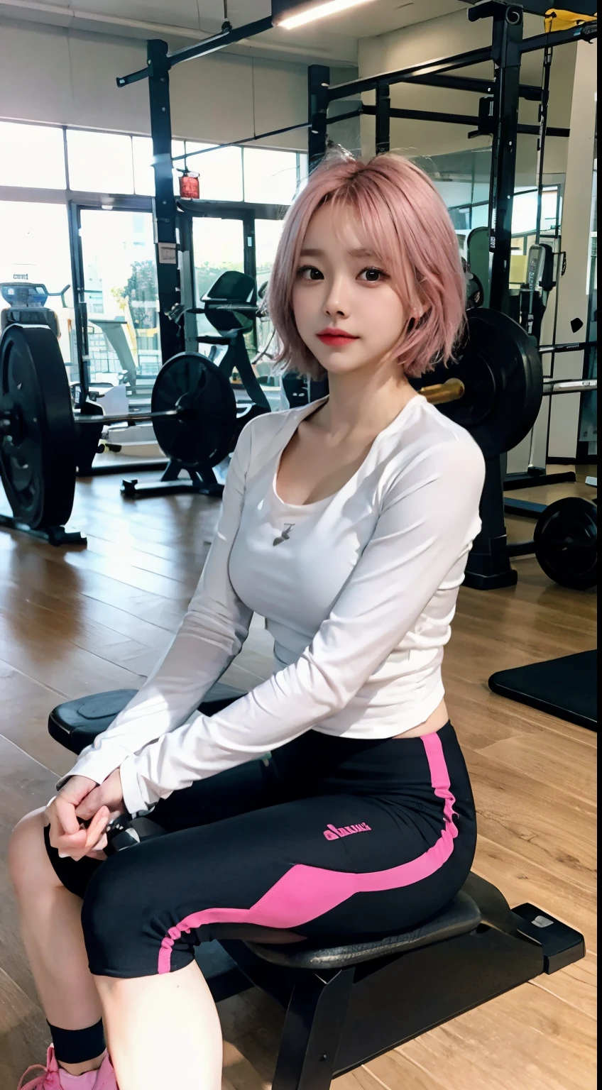 realistic、highest quality、1 girl、pink hair,short hair,saliva、,professional lighting、on lap、Being in the gym、Power Rack、long sleeve fancy yoga wear、dumbbells on the floor、barbell