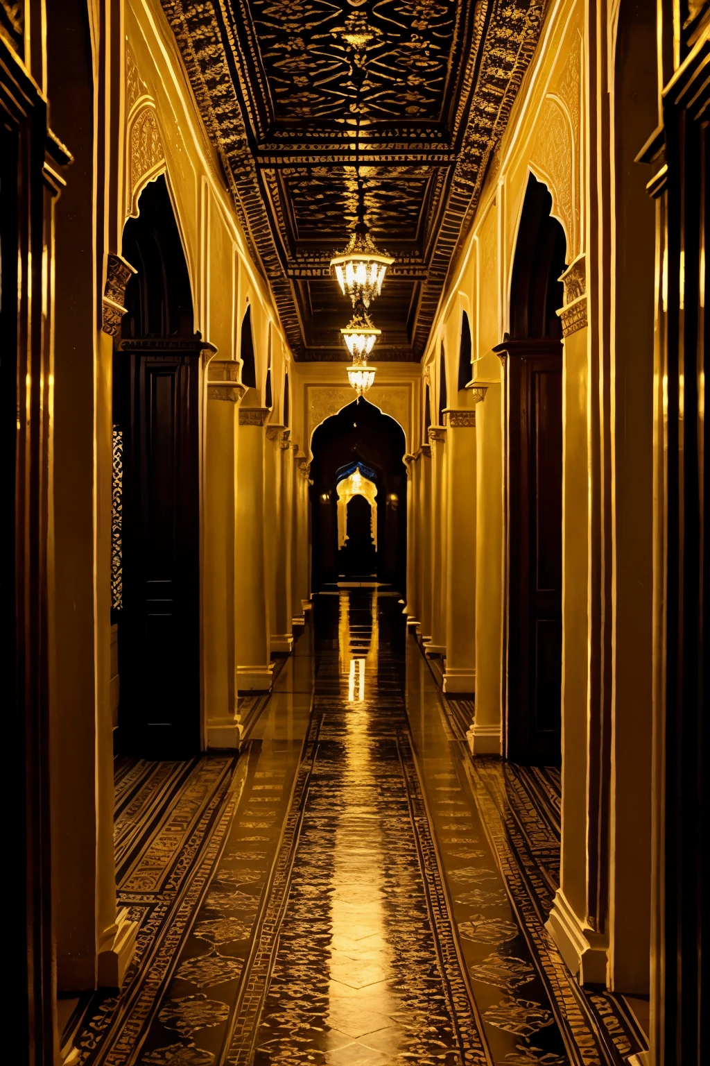 ((best quality)), ((masterpiece)), (detailed), perfect face
"royal indian gold palace corridor at night" "illuminated by moonlight coming in from the sides", "sexy naked queen deepika padukone walking naked through the dark corridors barefoot" "her natural gigantic breasts jiggling with her footsteps", floral patterns, filigree patterns, textured walls and floors, intricately detailed dark atmospheric scene, soft cinematic look.