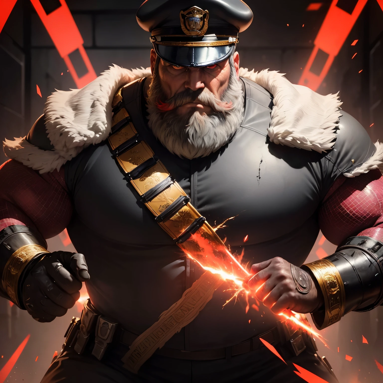 (best quality, high resolution, Super detailed), (actual:1.0), handsome middle-aged man and (bear fashion:1.0) Body, Appear fat, big muscles (White beard, Detailed beard), Sturdy appearance, (intense gaze:1.1). He is a (admiral) wear (Gorgeous:1.2) (suit) and admiral hat. The suit is (dotting:1.1) and intricate gold designs. He is standing in a prison, Surrounded by machines, his hands are tied by a handcuff,full Body, (big bump:1.3). There are signs in his eyes (control:2.0) and an (Eerily red glow:1.5). The enemy has (corrupted his mind:2.0) and turned him into their (combatant:2.0). The scene is (extremely dramatic:1.1) and (explode:1.1) and (chaotic:1.1) vitality.Red eyes pierce through the darkness
