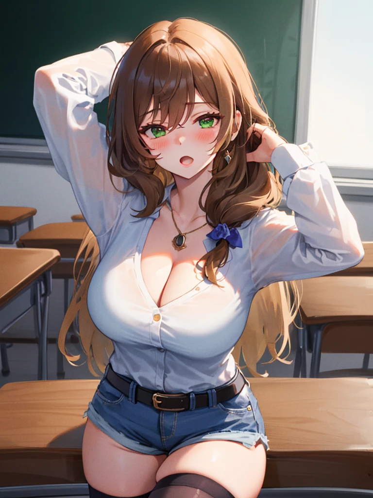 Lisa, genshin impact, ((blush:1.2)), 1 girl, alone, ((white shirt)), black Thighhighs, huge breasts, cleavage, uniform, office background, denim shorts, office, hair between eyes, messy hair, large chest, long hair, looking at the viewer, brown hair, red short nails, green eyes, alone, Thighhighs, thick thighs, very long hair, ((masterpiece)), classroom, board, class board, Teaching, I can see through my clothes, (Put your hands behind your head), Pose that shows off your armpits, raise your arms, open your mouth a little, squint your eyes, Curvaceous, emphasize the chest, cowboy shot