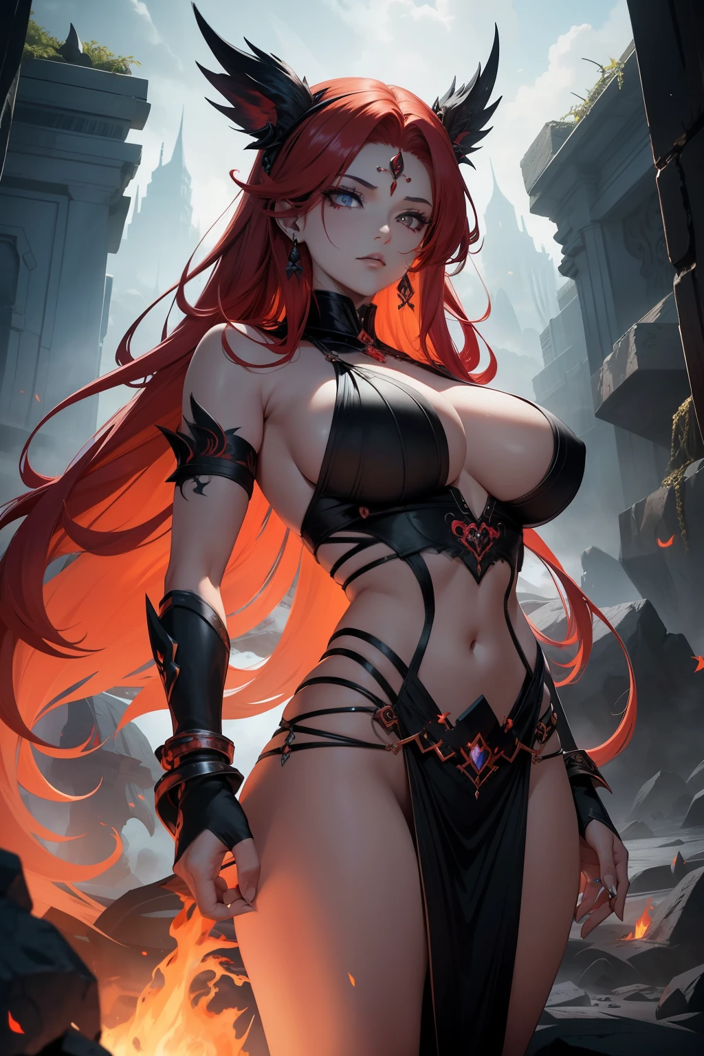 In the heart of the ethereal realm, the fiery goddess, with her flaming red hair and piercing amber eyes, stands proudly. Her sculpted physique, adorned with intricate tattoos depicting flames, exudes power and intensity. By her side, two towering ash beasts, their bodies engulfed in swirling clouds of gray ash, bow in submission. Their piercing coal-black eyes reflect the goddess's fiery spirit, and their sharp claws, though made of ash, seem ready to strike at a moment's notice. Together, the goddess and her ash beasts create a breathtaking scene, full of contrast and majesty - the