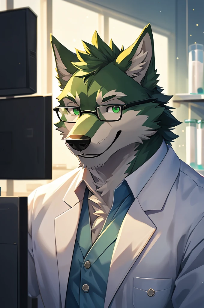 Masterpieces,official art,furry,male,Anthropomorphic green wolf,Delicate face,Delicate eyes,lab coat,, depth of field, perfect lighting, light particles,(best quality),(masterpiece),(ultra detailed),sharp focus,light particles, detailed background, dental office,wear glasses, look smart, cheerful smile, show muscle through parting shirt
