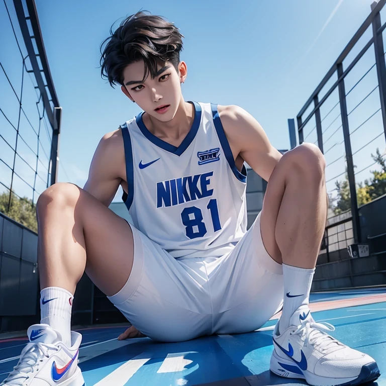 1 Korean young men，male，20 years old，High，Height is 180 cm，Hair is medium length，Basketball jersey，white pants，Nike shoes，White sport socks，Sit on the basketball court，legs open，Badass anime 4k ，POV perspective，Proud，Cold，looking into camera