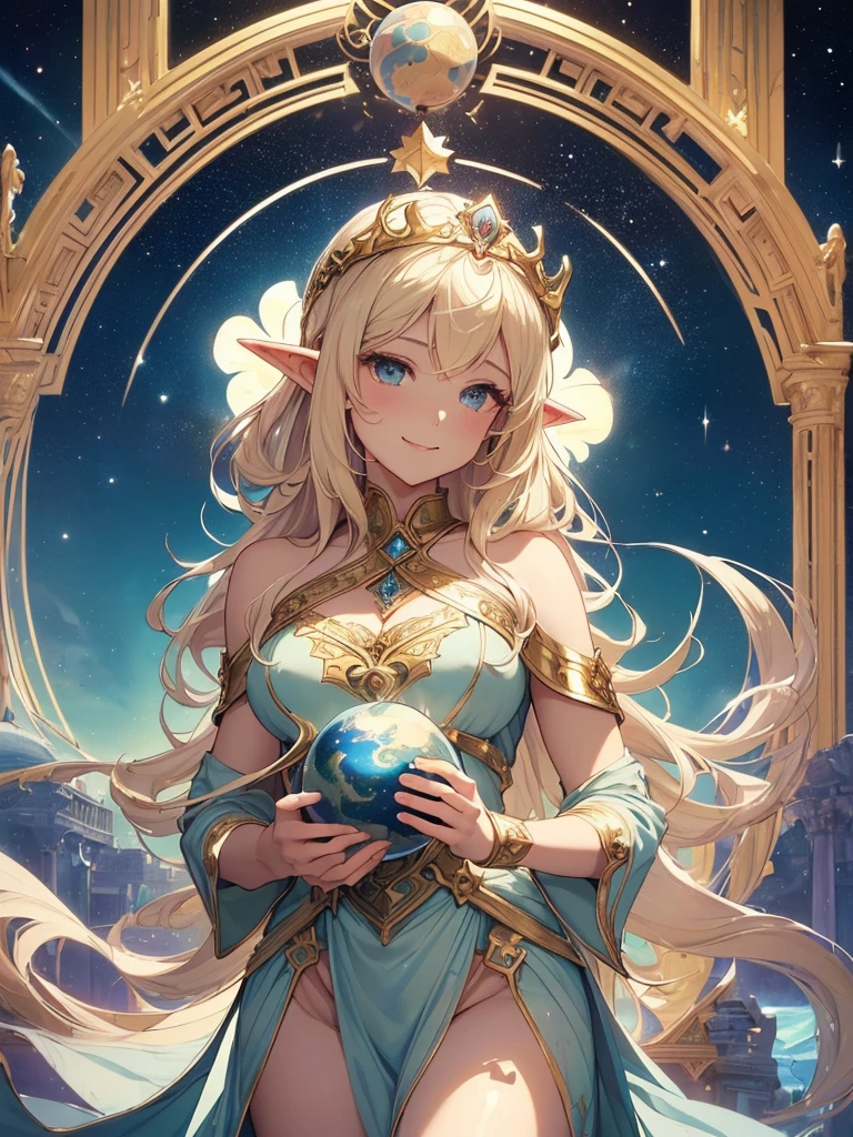 highest quality、Highest image quality、masterpiece、Super beautiful elf beauty from behind((22 years old OL big bust、bust 90,beautiful long ironed hair、blonde、globe、、slender、Close-up、Esbian、beautiful tiara、High quality、beautiful art、background((starry ski)))muste piece、visual art、Depth of bounds written、low angle of morning sky、、elf ears、、magic of light、space knight、harp melody🎵、A happy smile、gentle light、、Beautiful legs that are gentle on the skin、、、Number of fingers to achieve precise finger movements、ticker beautiful decorative、elegant、mystical rosa、 heaven、marble columns, beautiful dressy、magnificent marble dome、giant galaxy、religious painting、embrace the earth、temple of time、great watch、hourglass、sundial、moment of creation!myth、alphonse mucha art、art nouveau、ancient greece、Rome、byzantine art、gold foil、Raphael's paintings、renaissance art、Lord of the Ring、sexy、friendly smile