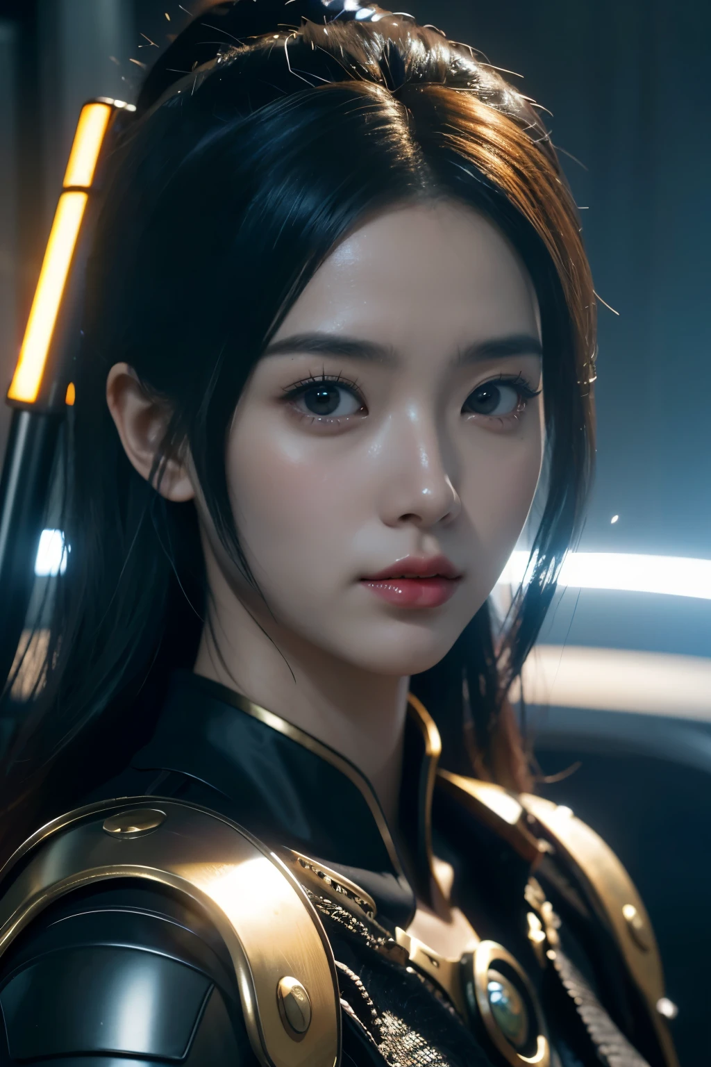 Game art，The best picture quality，Highest resolution，8K，((A bust photograph))，((Portrait))，(Rule of thirds)，Unreal Engine 5 rendering works， (The Girl of the Future)，(Female Warrior)， 22岁少女，(Female hackers)，(Ancient Oriental hairstyle)，(A beautiful eye full of detail)，(Big breasts)，(Eye shadow)，优雅迷人，冷漠，((Frown))，(Future style silk combat suit combined with the characteristics of Chinese cheongsam，Joint Armor，There are exquisite Chinese patterns on the clothes，A flash of jewellery)，赛博朋克人物，未来风格， 拍照姿势，城市背景，Movie lights，Ray tracing，Game CG，((3D Unreal Engine))，oc渲染反射纹