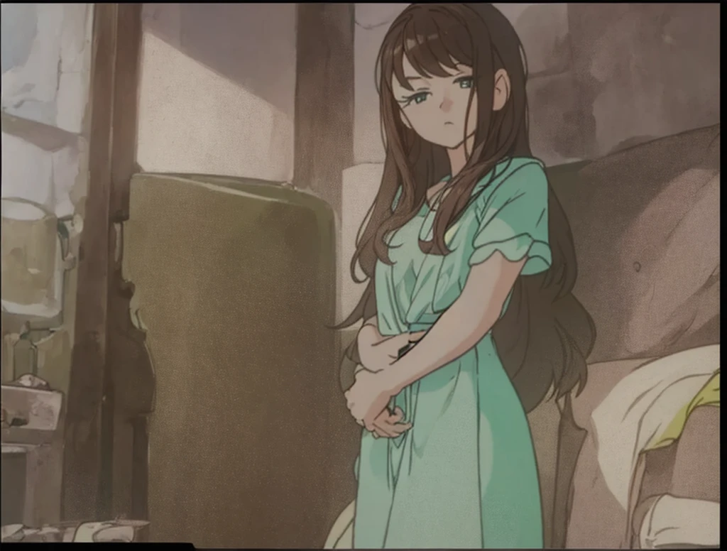 A beautiful woman with long brown hair is standing in a green dress-like outfit。