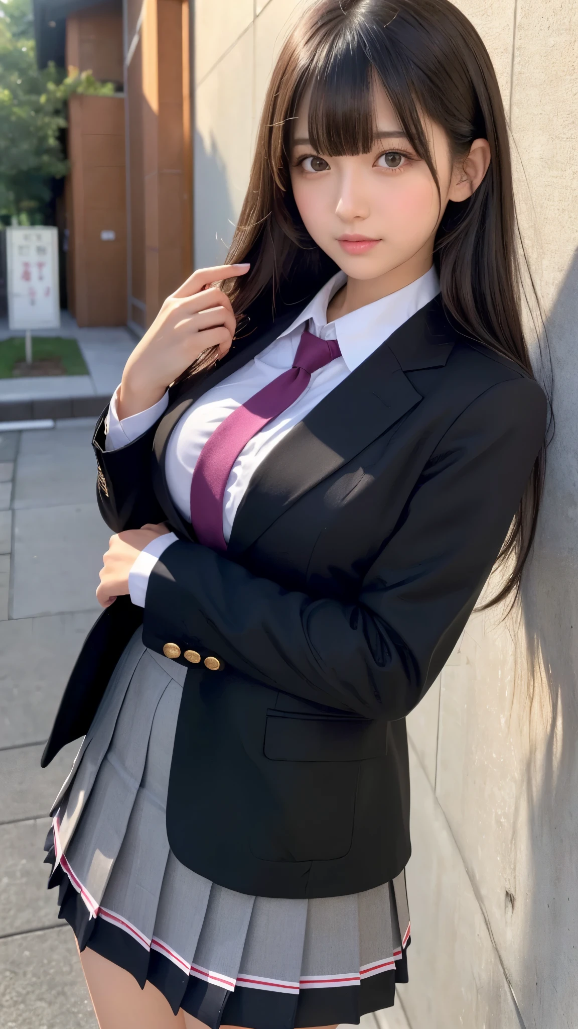 ((best quality)), ((muste piece)), (detailed breasts), (highlight), perfect face、Young girl highlighting large breasts with detailed face、Long, thick, glossy, beautiful black hair with blunt bangs、solid color background、Standing student council president wearing blazer and miniskirt school uniform Japanese high school girl cosplay