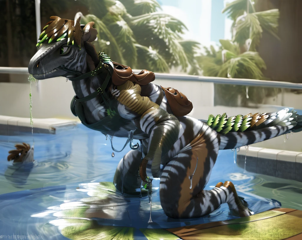 Ultra high resolution, best quality, masterpiece, extremely detailed raw photograph,  (half transformation), male human shiny smooth polyvinyl feathered deinonychus velociraptor mount inflatable fursuit hybridization metamorphosis, in gymnasium pool at night, (half human), wearing riding saddle bridle and harness, (green:1.9) (gray:1.5) (brown:1.8) (spots:1.1) (stripes:1.1), ((liquid polyvinyl goo partial dripping encasement)), male human feathered velociraptor mount inflatable polyvinyl fursuit hybrid, front zipper, plastic handlebars, air valve nozzle