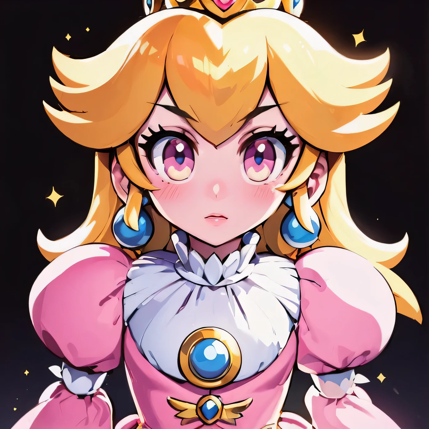 (masterpiece, best quality), A young girl, portrait of princess peach, nintendo game art, official art, video game fanart, high detailed artwork, glowing face, wearing a pink dress, she has a determined look on her face, solid black background, dramatic effect to the image,