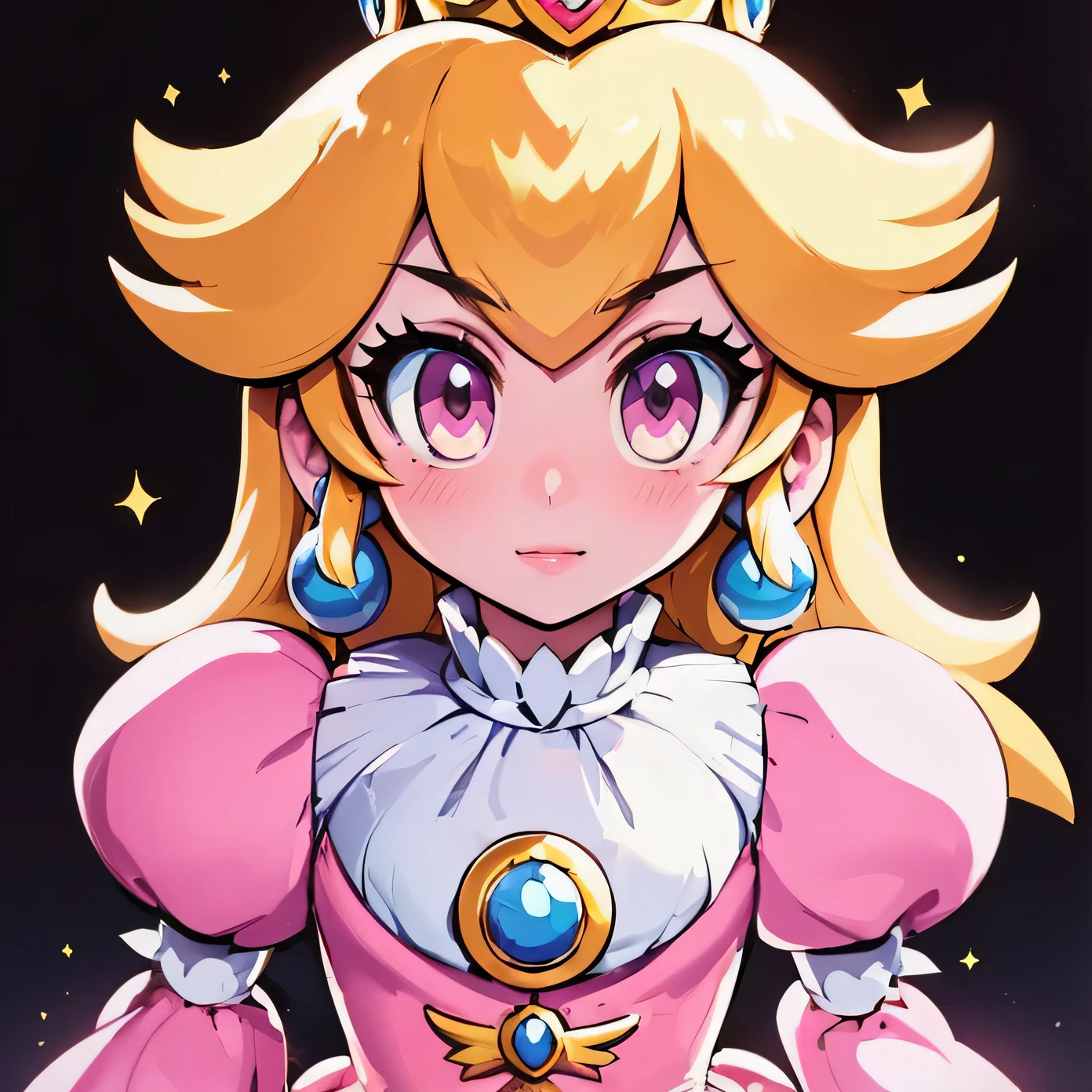 (masterpiece, best quality), A young girl, portrait of princess peach, nintendo game art, official art, video game fanart, high detailed artwork, glowing face, wearing a pink dress, she has a determined look on her face, solid black background, dramatic effect to the image,