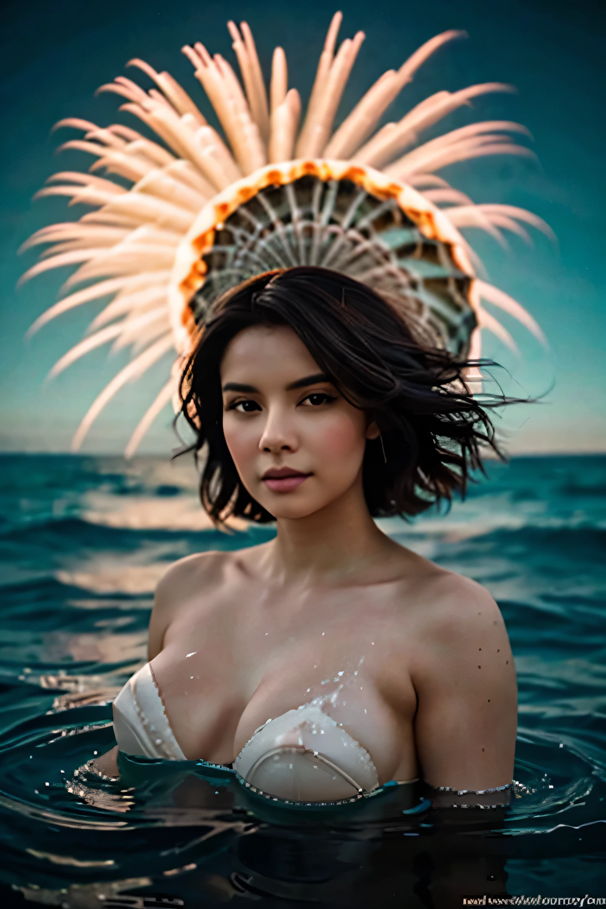 A bust of a beautiful black-haired colossal breasted, brown woman, looking at the camera, blending with the enchanting pastel colors. In this mesmerizing image, we are presented with a captivating sight of pastel-colored powder exploding in every direction, beautifully frozen in time through extremely long exposure and slow shutter photography. The explosion takes place in front of one of the walls, where the explosion of multi-colored pastel powders also comes to life, resembling a jellyfish gracefully hovering above the water. In the foreground is a beautiful orange-haired woman, looking at the camera, blending with the enchanting pastel colors. The image, and perhaps a photograph, shows a wonderful attention to detail, with Harmoniously blend subtle colors to create a truly stunning, high-quality visual masterpiece. Light pastel wallpaper real realistic image 32k resolution