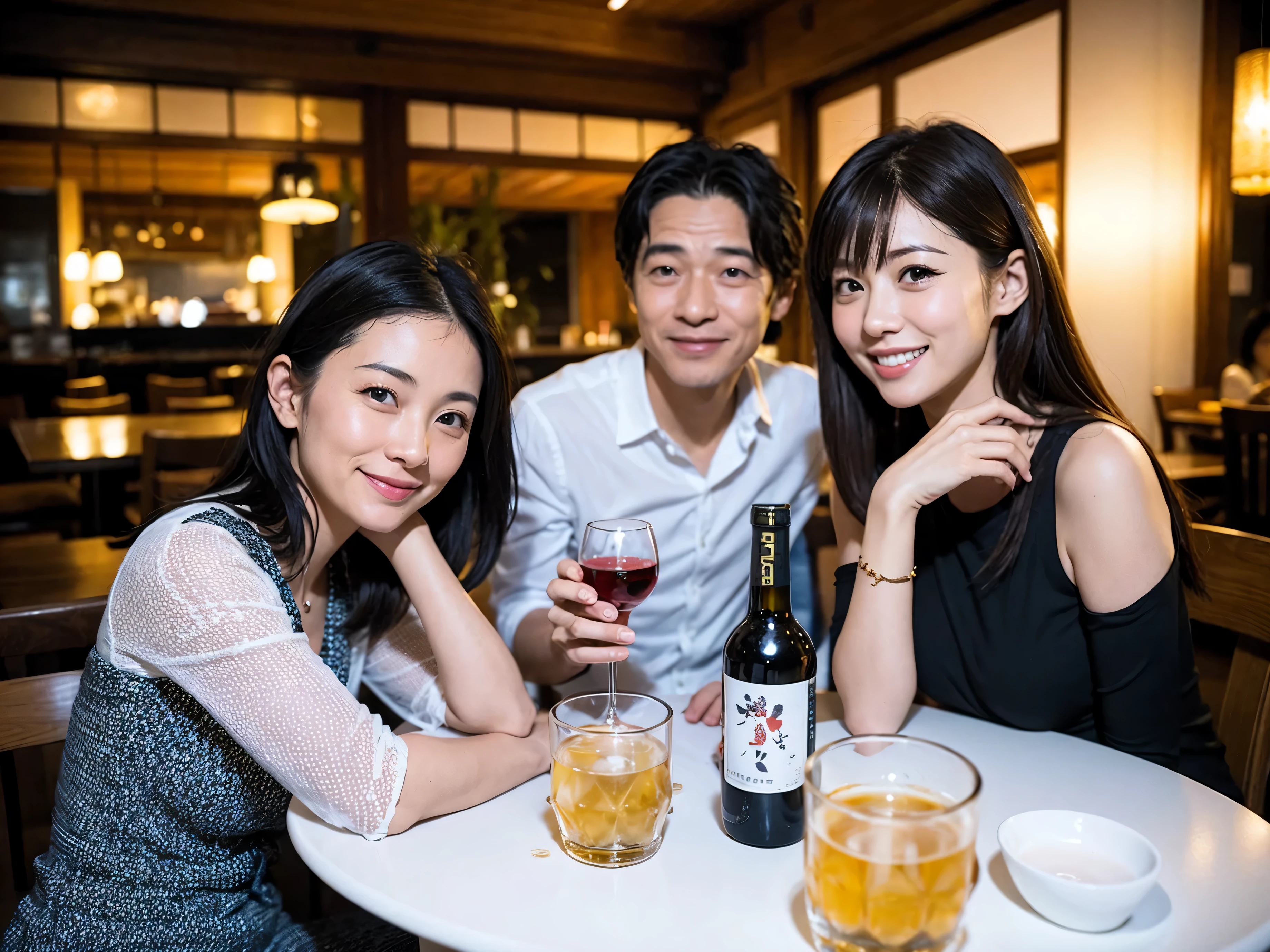 Detailed images that look like they were taken with a high-end camera、party、couple、banquet、Japanese sake、liter bottle、Inoguchi、Shochu、hot sake、Japanese sakeファン、I love Japanese sake、because I&#39;thin、Women who drink alcohol、36 years old、38 years old、Colombia、Brazilian、Japanese、Dutch、German、Portuguese、Belgian、chiri、American、french、Spaniard、Italian、Indian、Englishman、Cut your hair short、brown hair、beautiful woman with glasses and cup、Japanese sakeグラスとワイングラスには清酒が入っています.、720m of Japanese sake、1.You can also see the 8L sake bottle...、There is also Choshi、adult woman in her 30s、Have a nice smile while enjoying a drink.、The location is a hotel restaurant..、You can see the beautiful night view of the city outside the window..、The floor is the 1st floor、In the background you can see a man and a woman enjoying alcohol...。