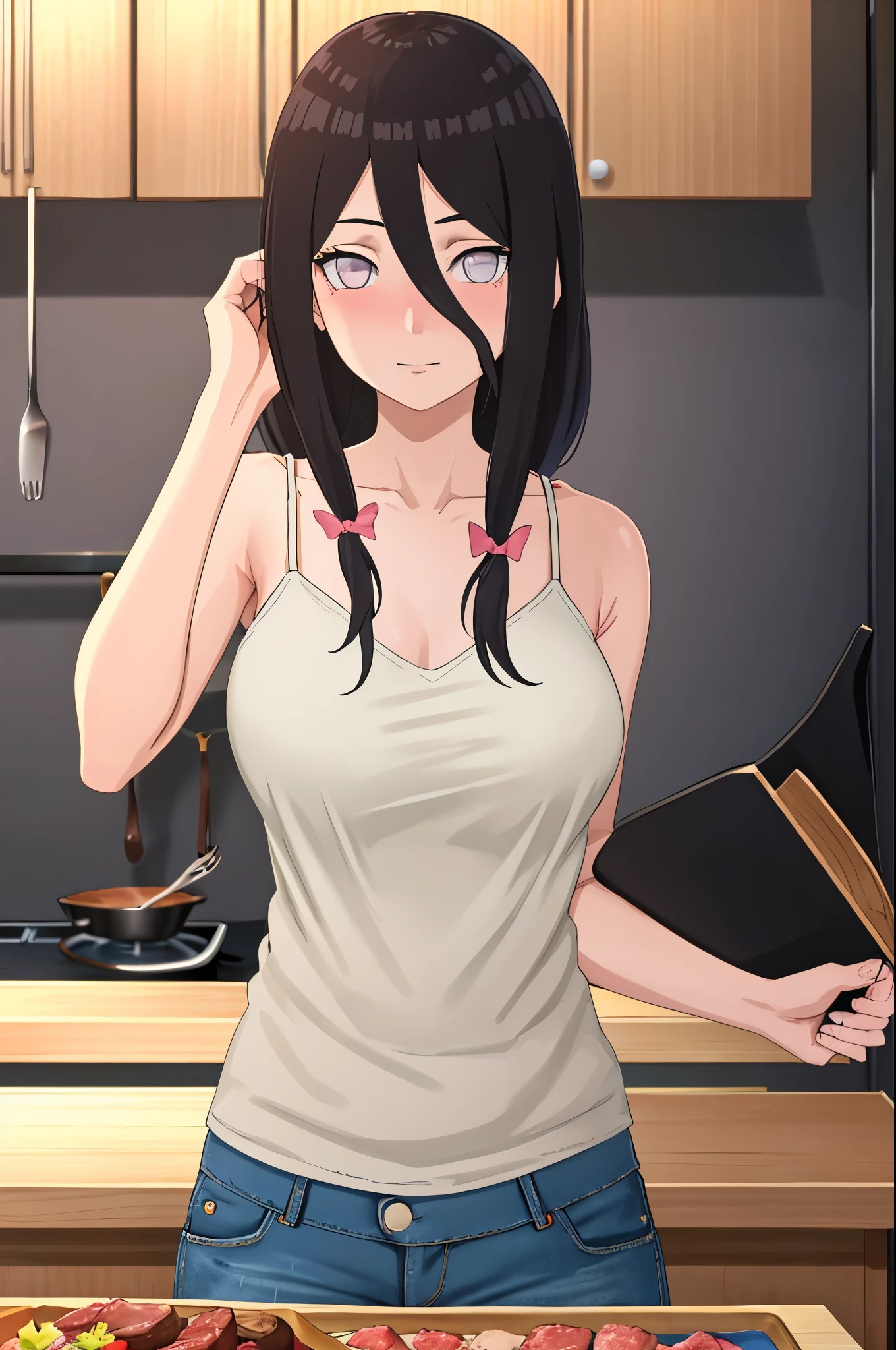 masterpiece, highest quality, 8K, ultra high resolution, highest quality, anime style, best writing, beautiful face, bikin, Hoang Lap (intricate details), (rich and colorful), Highly detailed CG Unity 8K wallpaper, Hinata flower ratio, 1 girl, alone, looking at the viewer, close your mouth, Wind, long, low hair, in the kitchen, blush your nose, face is red, (white camisole:1.2), (blue short denim pants:1.2), (extreme close up), (cooking:1.3), 肉じゃがをbikin, make your breasts bigger