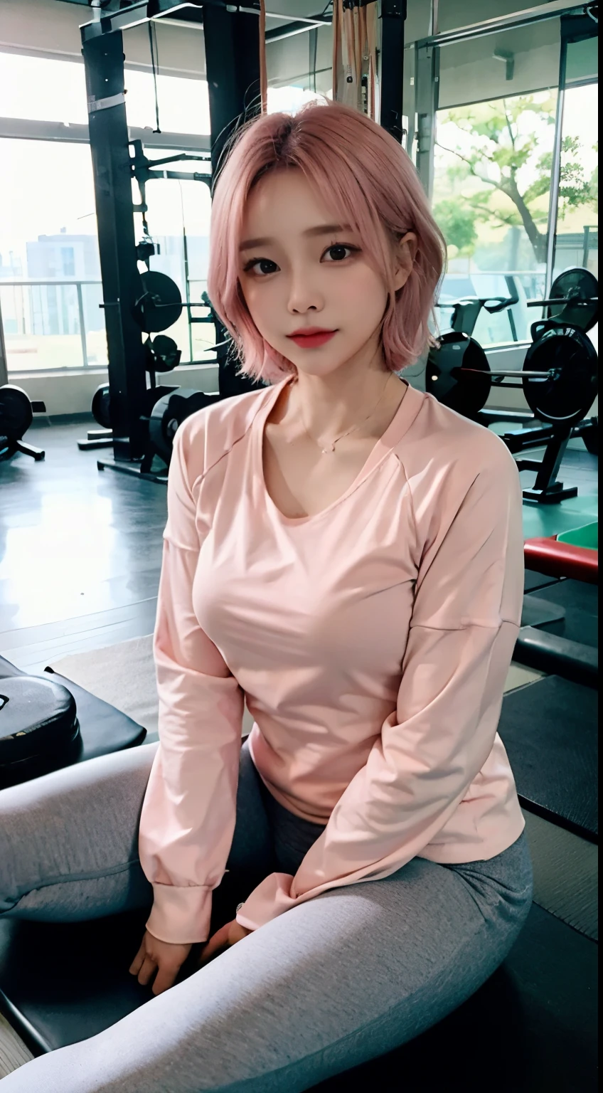 realistic、highest quality、1 girl、pink hair,short hair,saliva、,professional lighting、on lap、Being in the gym、Power Rack、long sleeve fancy yoga wear、