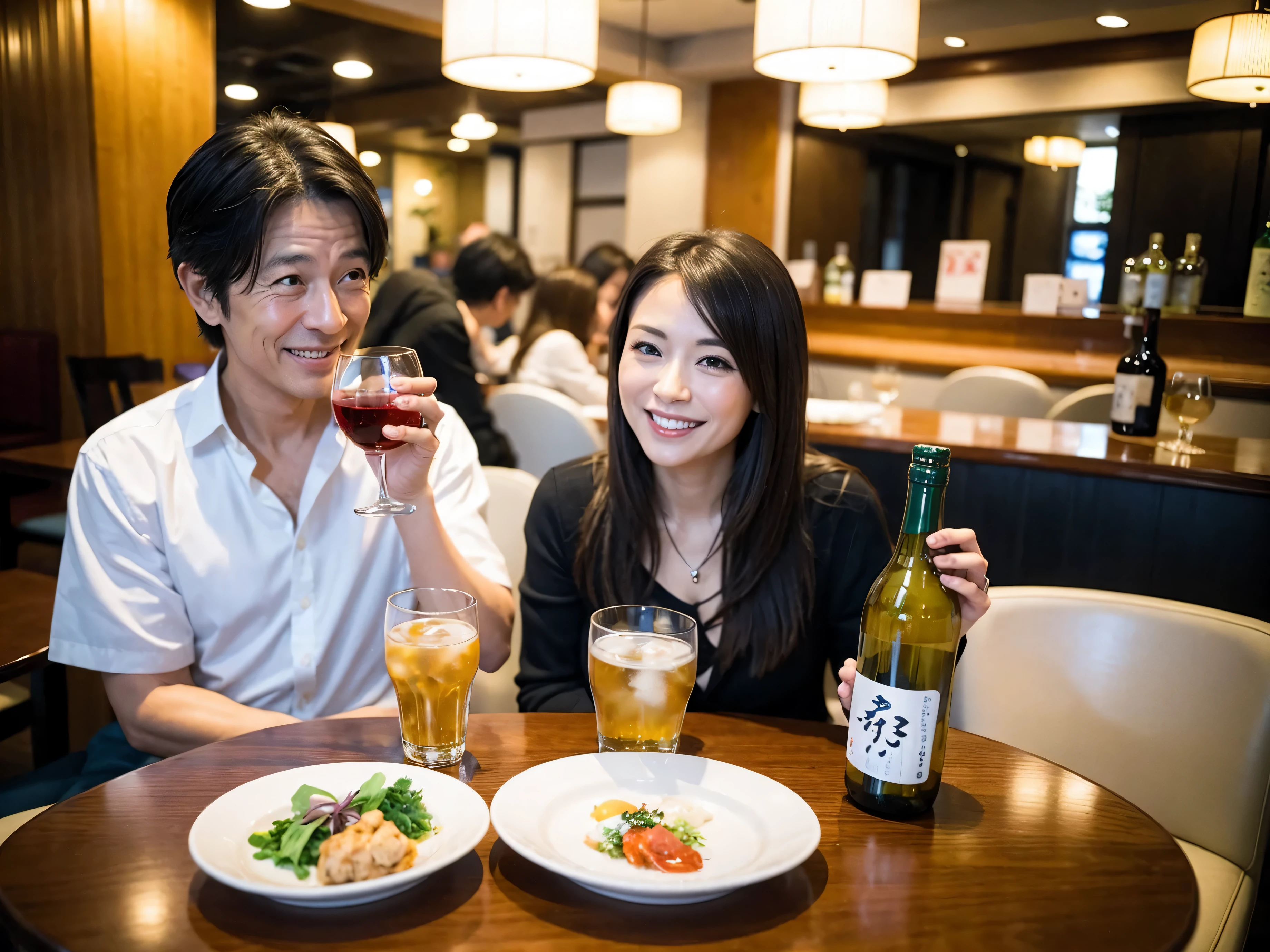 Detailed images that look like they were taken with a high-end camera、party、couple、banquet、Japanese sake、liter bottle、Inoguchi、Shochu、hot sake、Japanese sakeファン、I love Japanese sake、because I'thin、Women who drink alcohol、36 years old、38 years old、Colombia、Brazilian、Japanese、Dutch、German、Portuguese、Belgian、chiri、American、french、Spaniard、Italian、Indian、Englishman、Cut your hair short、brown hair、beautiful woman with glasses and cup、Japanese sakeグラスとワイングラスには清酒が入っています.、720m of Japanese sake、1.You can also see the 8L sake bottle...、There is also Choshi、adult woman in her 30s、Have a nice smile while enjoying a drink.、The location is a hotel restaurant..、You can see the beautiful night view of the city outside the window..、The floor is the 1st floor、In the background you can see a man and a woman enjoying alcohol...。