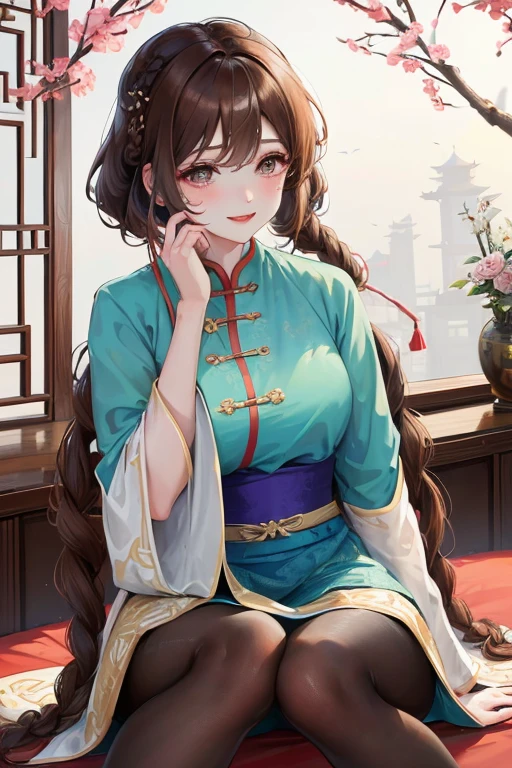 masterpiece, best quality, Married woman, aldult, Chinese style, China, elder sister, Smile, brown hair, princess cut, Single fried dough stick braid,Pantyhose,Full of motherhood,Chinese style婚礼,Pure desire,blushing,dignified yet lively,Mother,quilt