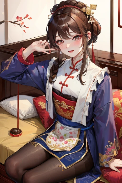 masterpiece, best quality, Married woman， aldult, Chinese style, China, elder sister,  Smile, brown hair, princess cut, Single fried dough stick braid，Pantyhose，Full of motherhood，Chinese style婚礼，Pure desire，blushing，dignified yet lively，Mother，quilt